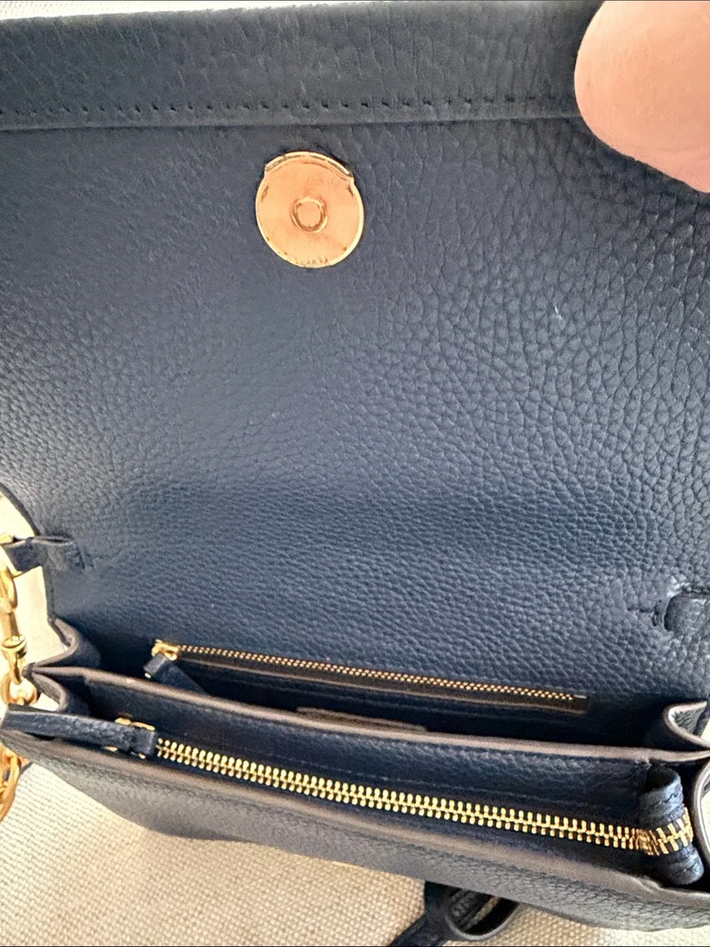 Tory Burch Navy Pebbled Leather Crossbody with Gold Logo